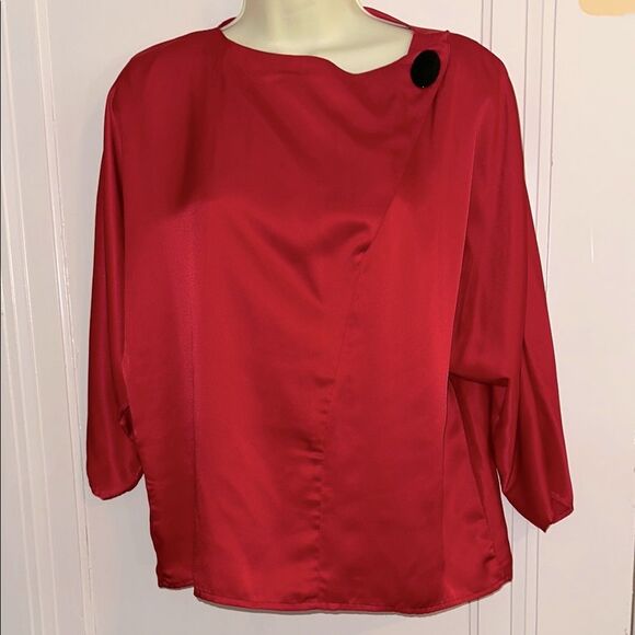 Vintage 80s San Andre Red Satin Women's polyester blouse with 3/4 sleeves - Picture 1 of 9